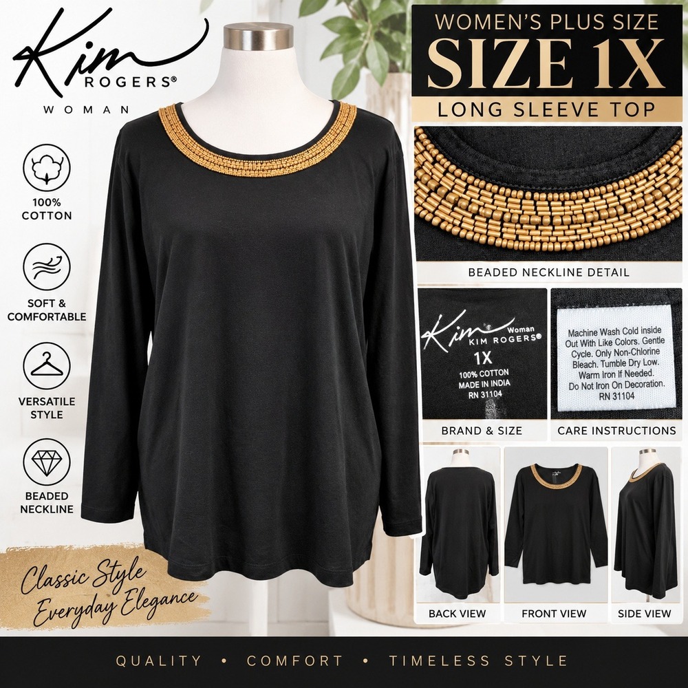 Kim Rogers Woman Black Beaded Neckline Long Sleeve Cotton Top Size 1X